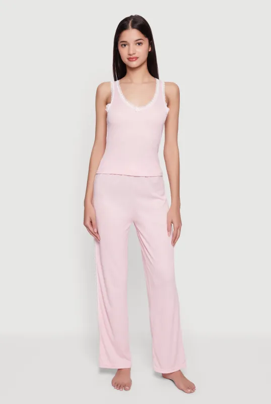 Sleeveless Ribbed Knit Lace Trim Pajama Top and Pants Set sold by Rainbow