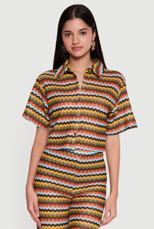 Chevron Striped Button Front Short Sleeve Shirt made by Rainbow