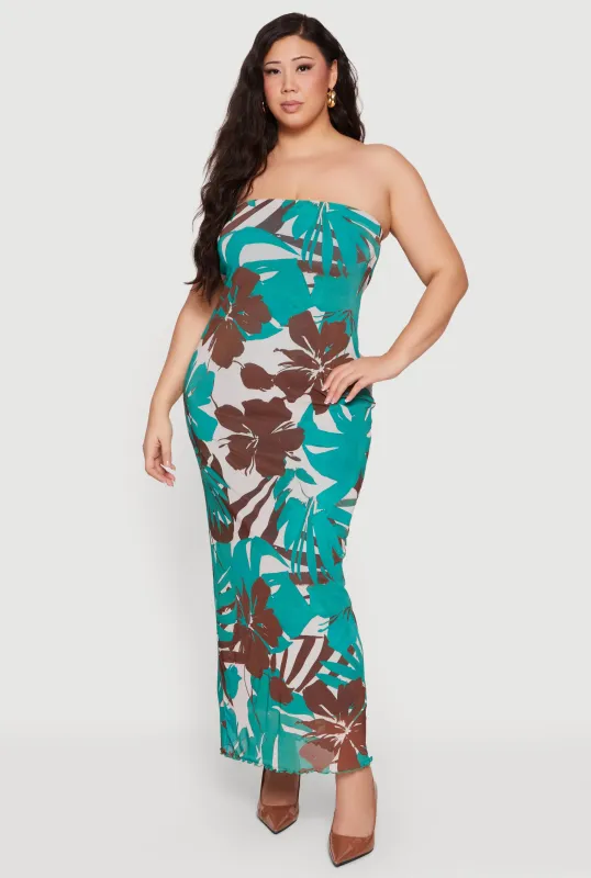 Plus Size Tropical Floral Mesh Tube Maxi Dress sold by Rainbow