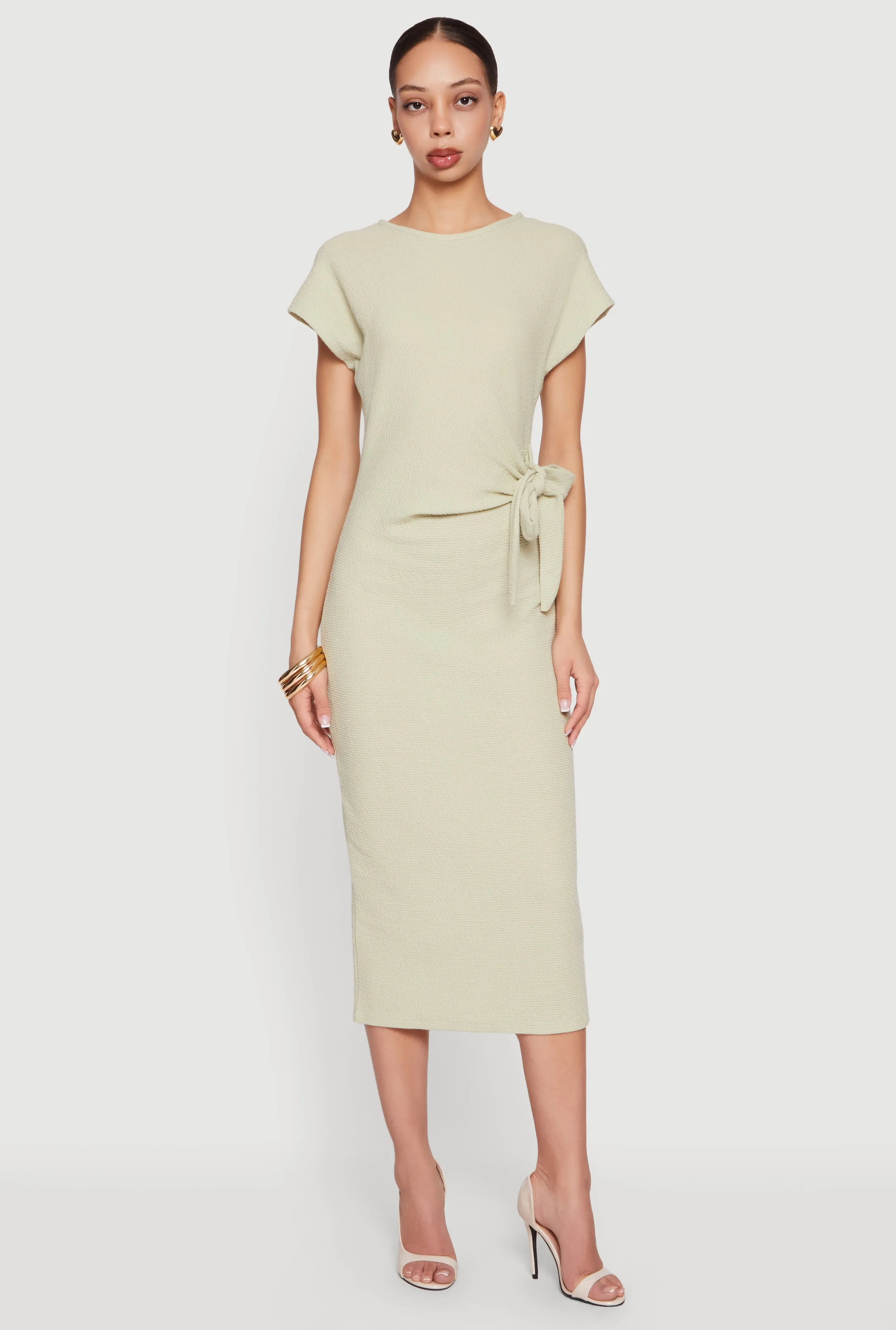 Textured Knit Asymmetrical Bow Side Midi Dress sold by Rainbow