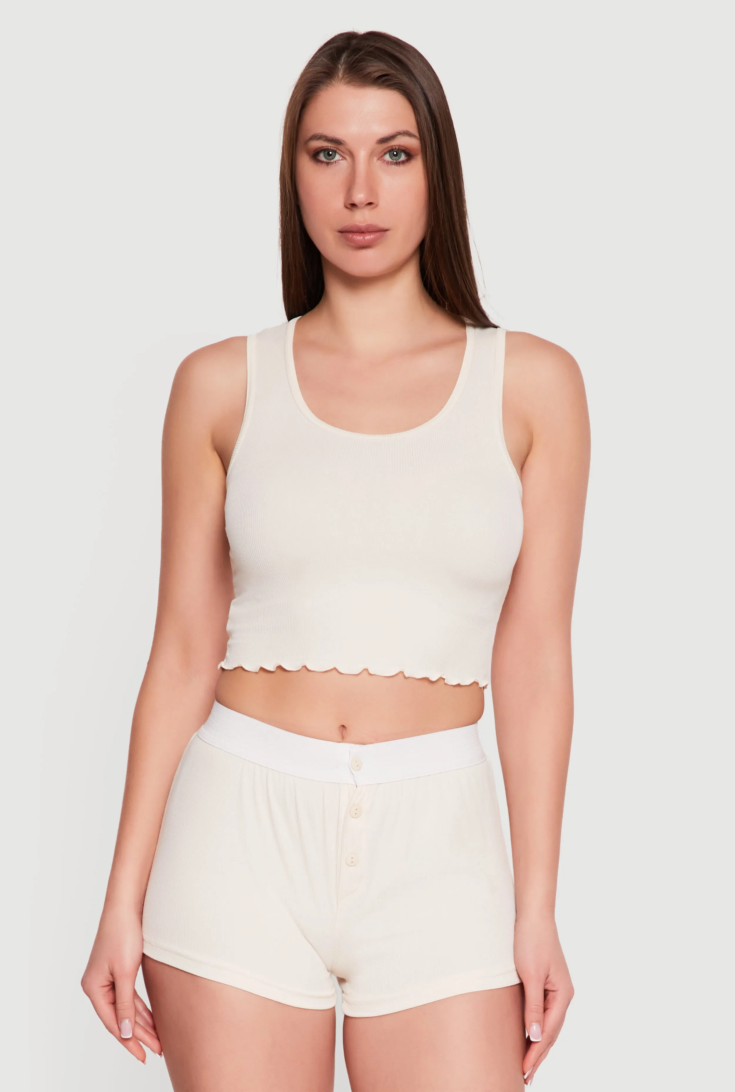 Rib Knit Cropped Lettuce Edge Pajama Top and Shorts sold by Rainbow product image thumbnail 2