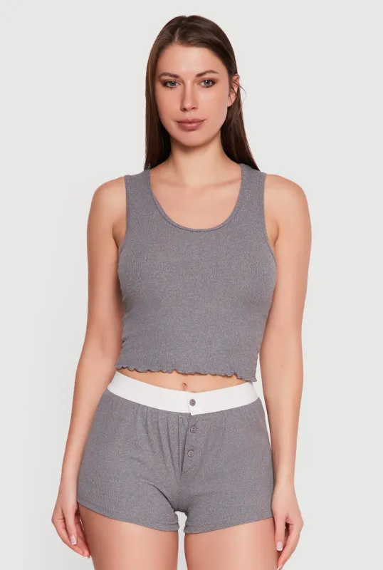 Rib Knit Cropped Lettuce Edge Pajama Top and Shorts sold by Rainbow