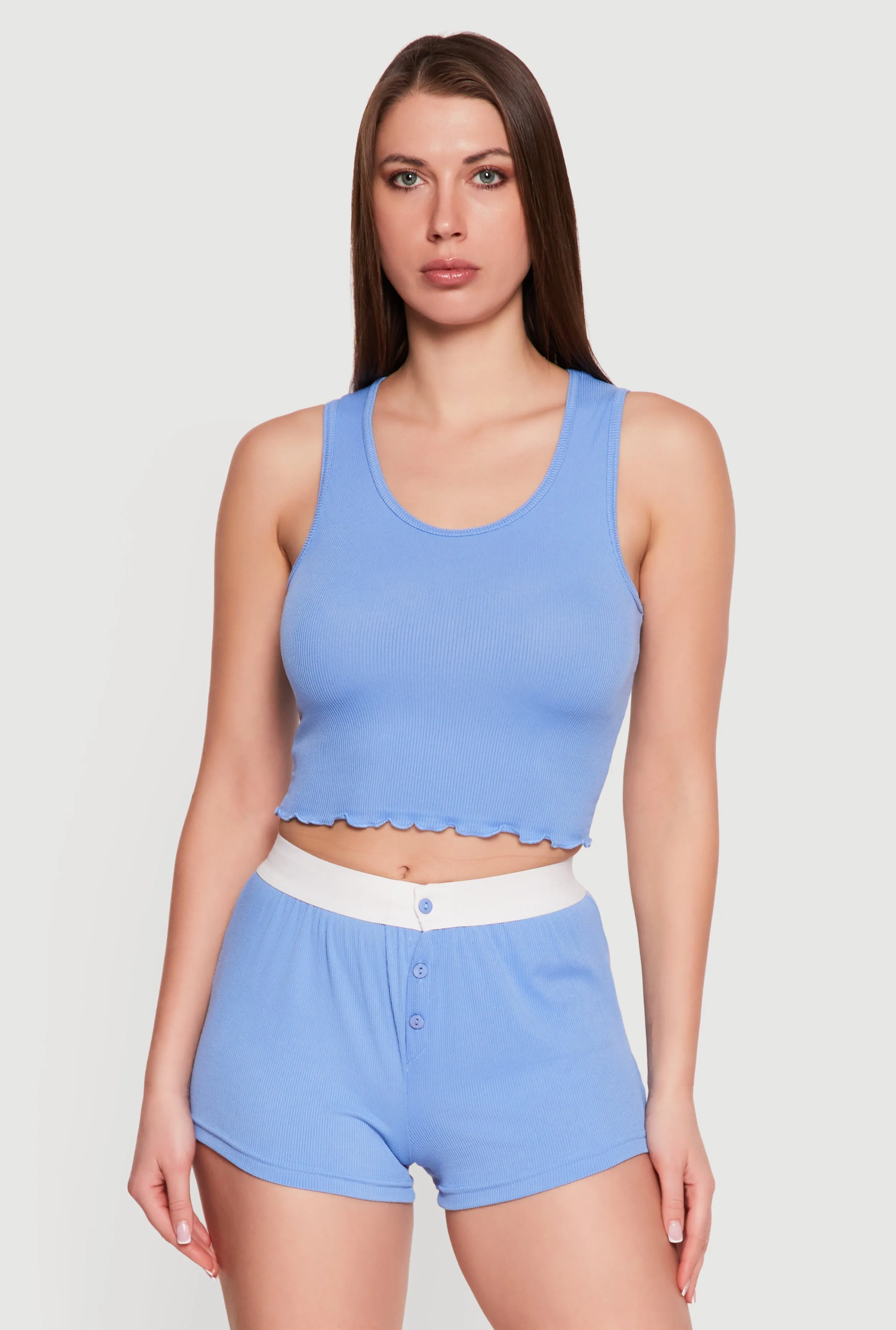 Rib Knit Cropped Lettuce Edge Pajama Top and Shorts sold by Rainbow product image thumbnail 3