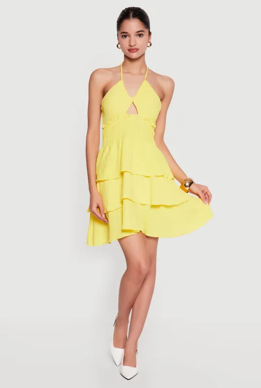 Smocked Tiered Ruffle Halter Neck Mini Dress sold by Rainbow