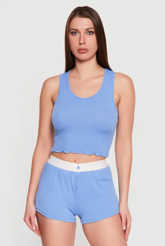 Rib Knit Cropped Lettuce Edge Pajama Top and Shorts sold by Rainbow