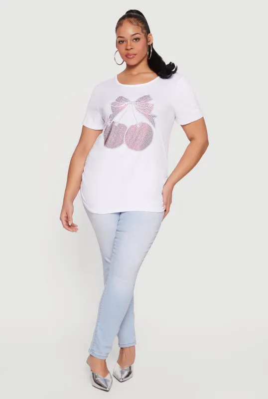 Plus Size Cherry Bow Rhinestone Graphic Top sold by Rainbow