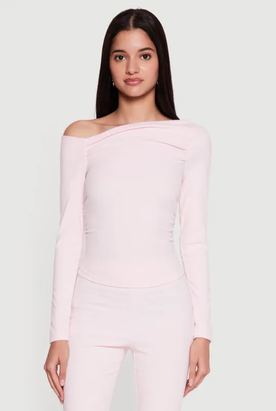 Brushed Rib Knit Long Sleeve One Shoulder Top made by iris