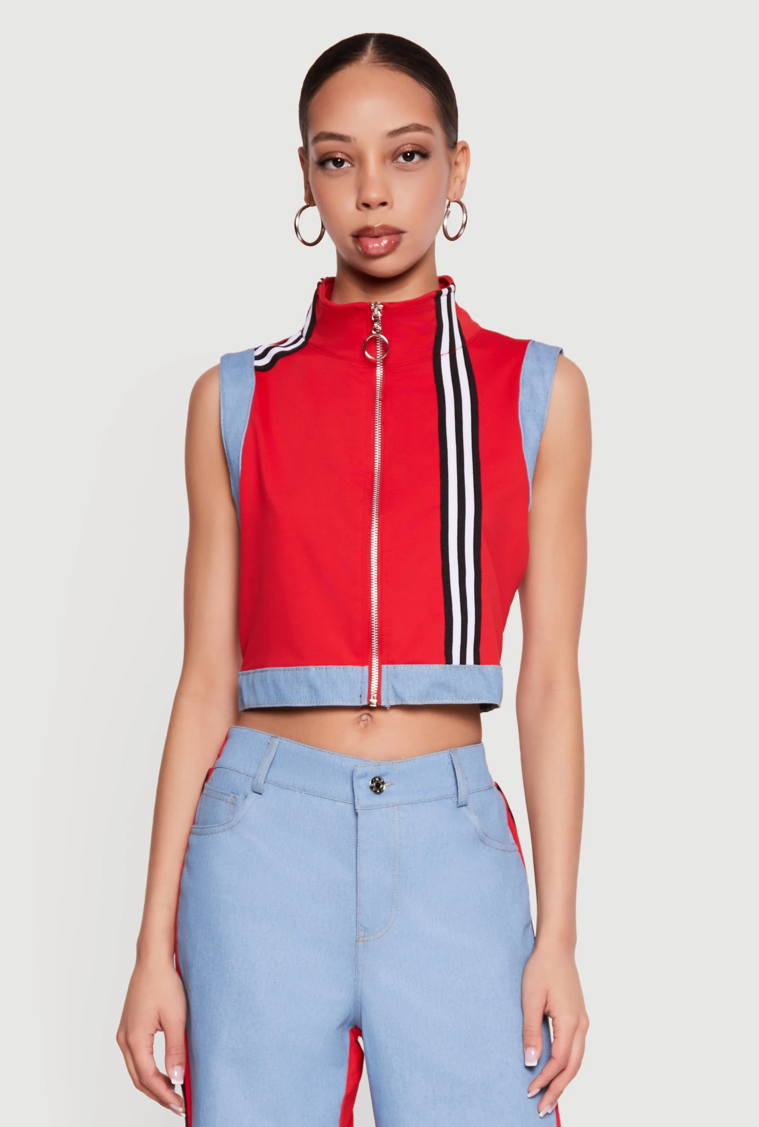 Zip Front Denim Trim Mock Neck Vest sold by Rainbow