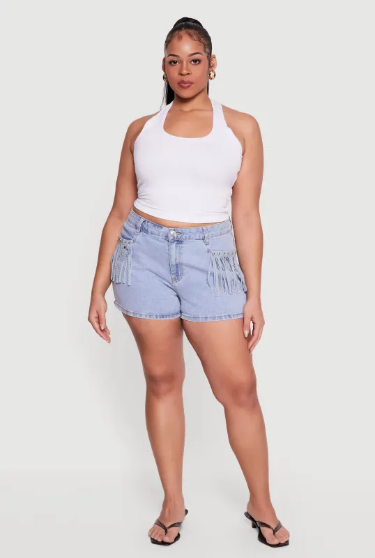 Plus Size Almost Famous Fringe Detail Denim Shorts made by Almost Famous