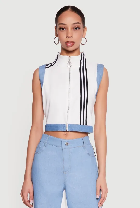 Zip Front Denim Trim Mock Neck Vest made by Rainbow