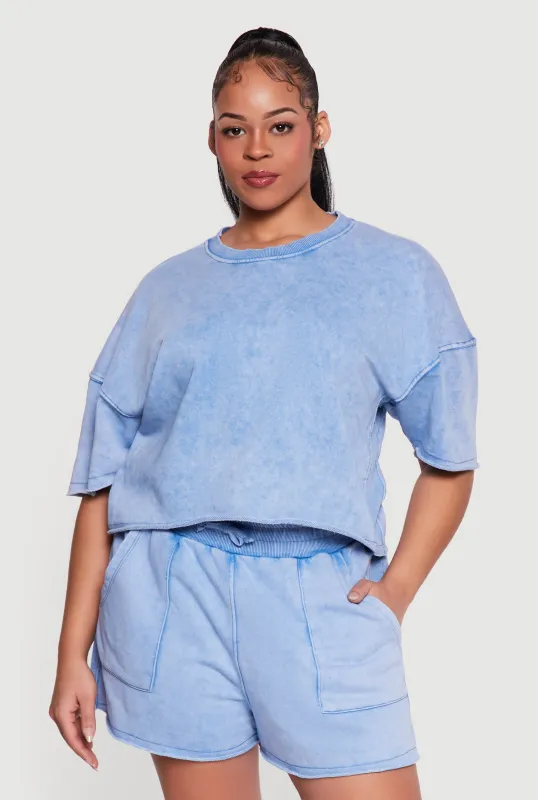 Plus Size Acid Wash Raw Hem Short Sleeve Top sold by Rainbow