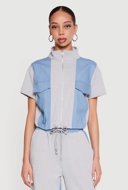 Denim Detail Mock Neck Zip Front Top made by Rainbow