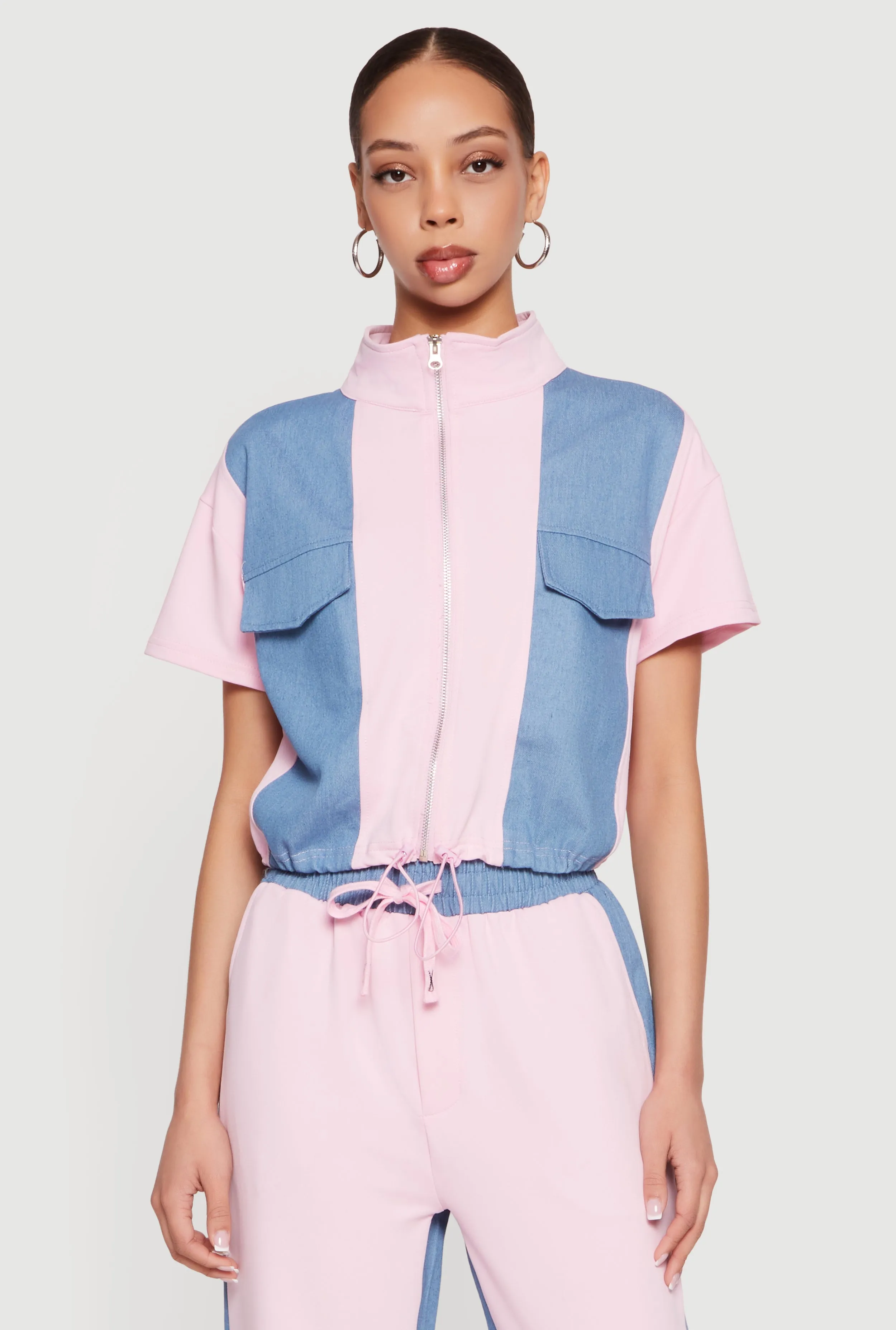 Denim Detail Mock Neck Zip Front Top sold by Rainbow product image thumbnail 3