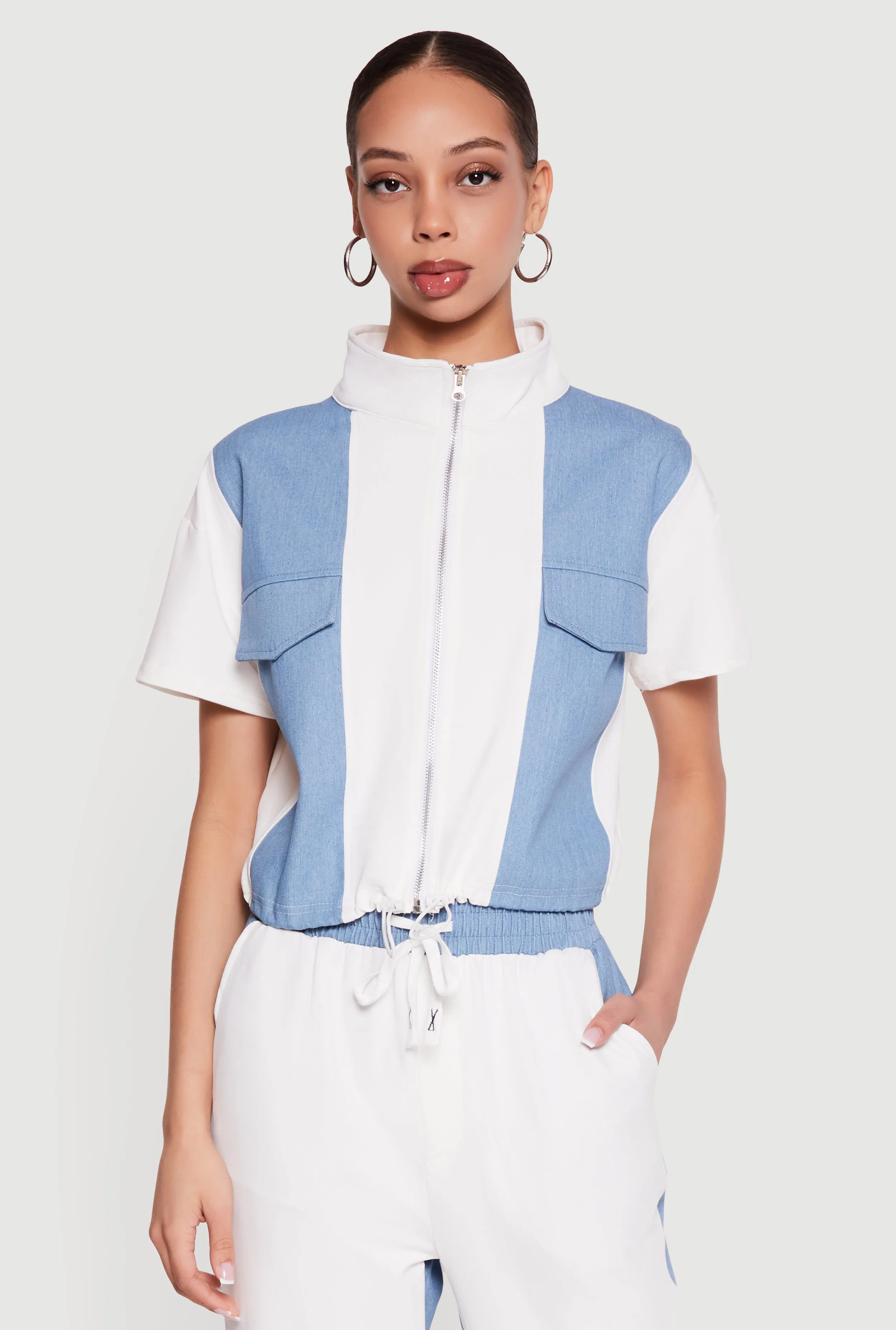 Denim Detail Mock Neck Zip Front Top sold by Rainbow product image thumbnail 2