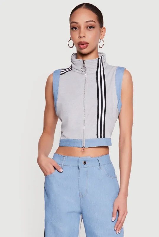 Zip Front Denim Trim Mock Neck Vest made by Rainbow