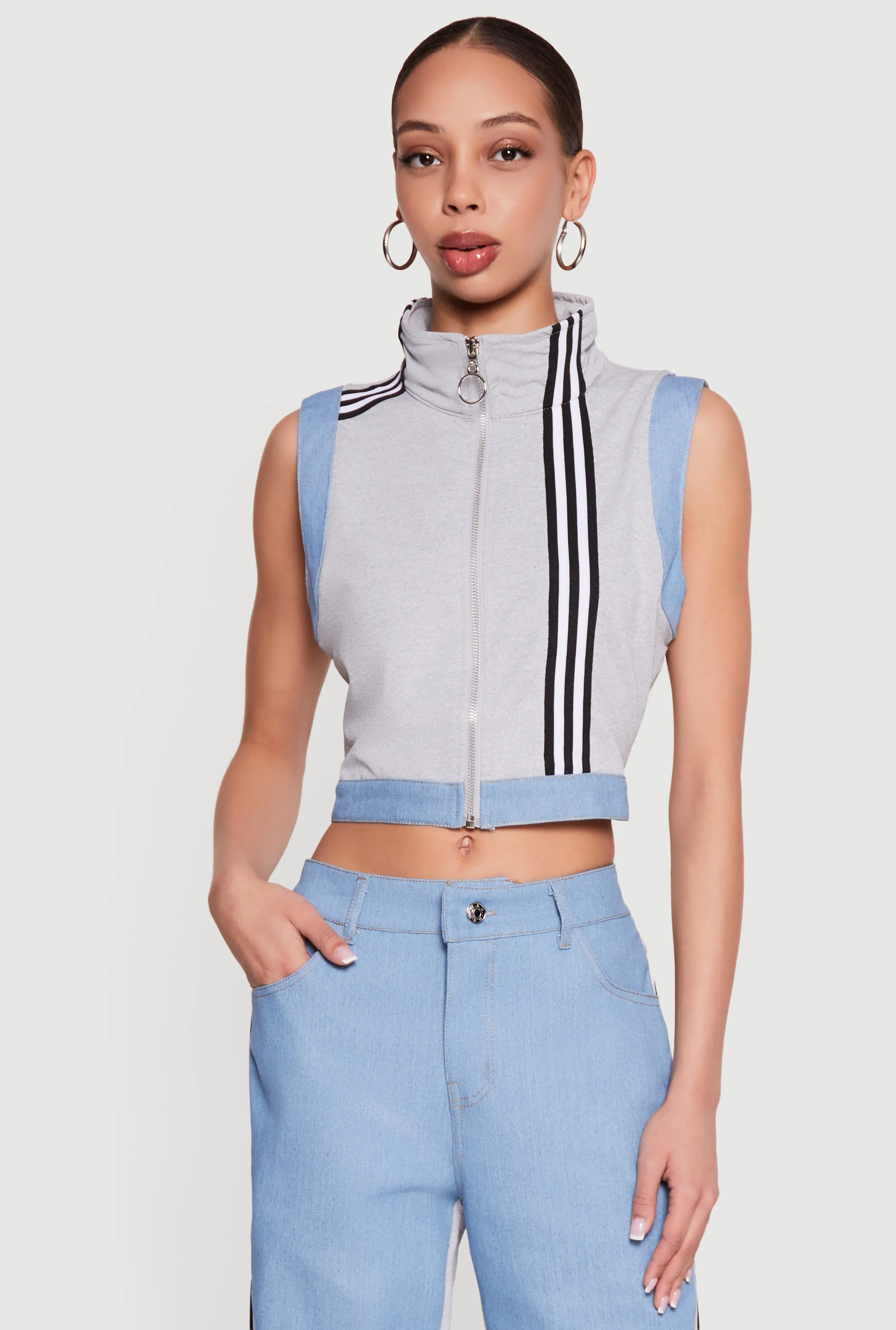 Zip Front Denim Trim Mock Neck Vest sold by Rainbow