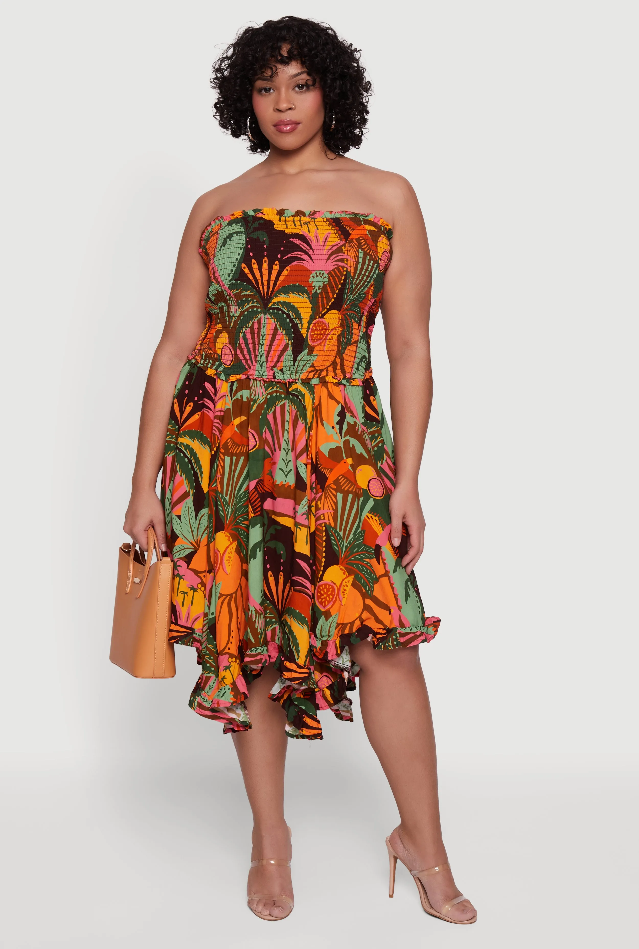 Plus Size Tropical Print Handkerchief Hem Strapless Dress sold by Rainbow