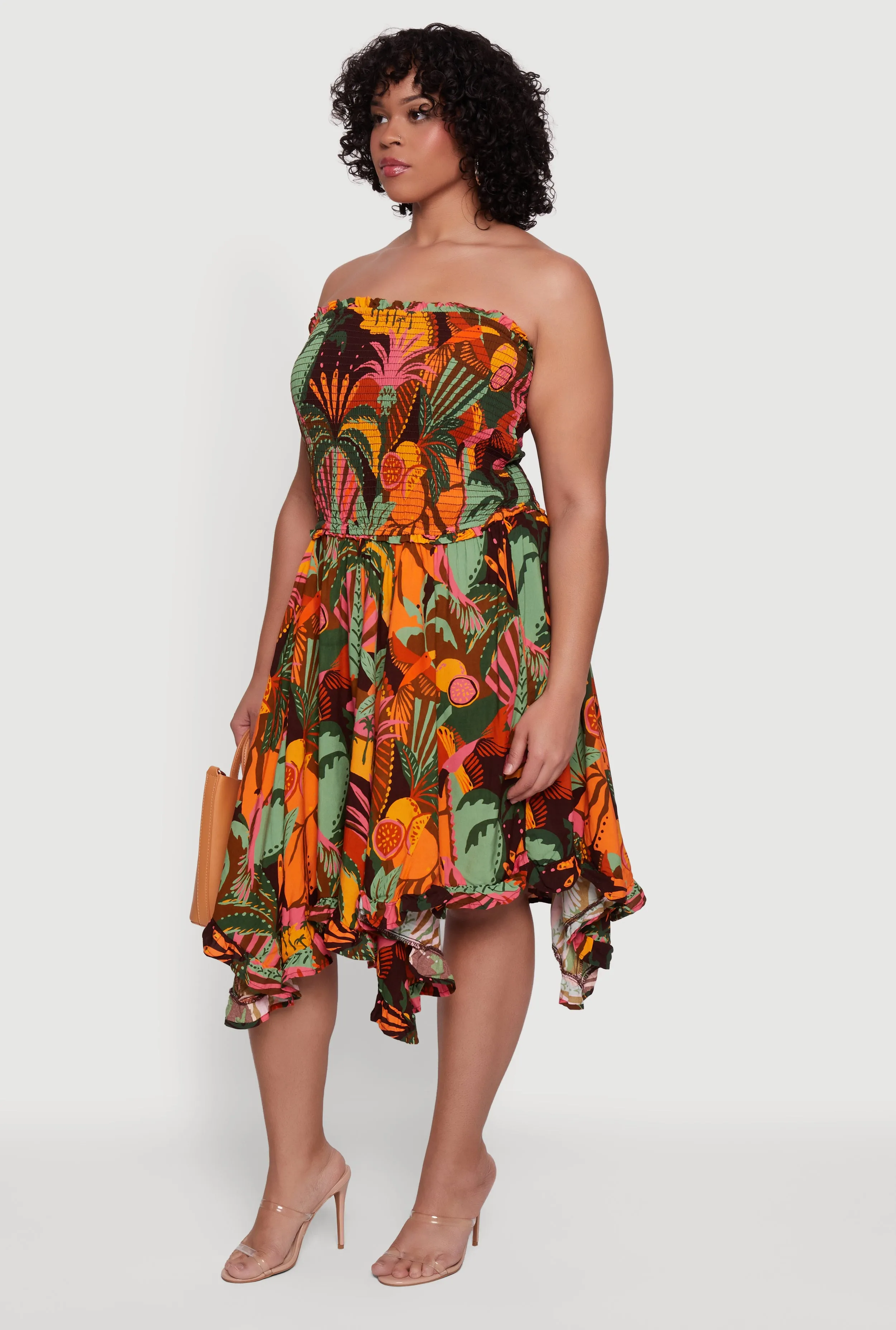 Plus Size Tropical Print Handkerchief Hem Strapless Dress sold by Rainbow product image thumbnail 2