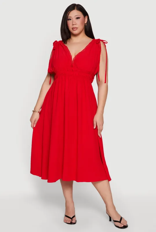 Plus Size Applique Trim Drawstring Shoulder Midi Dress made by Rainbow