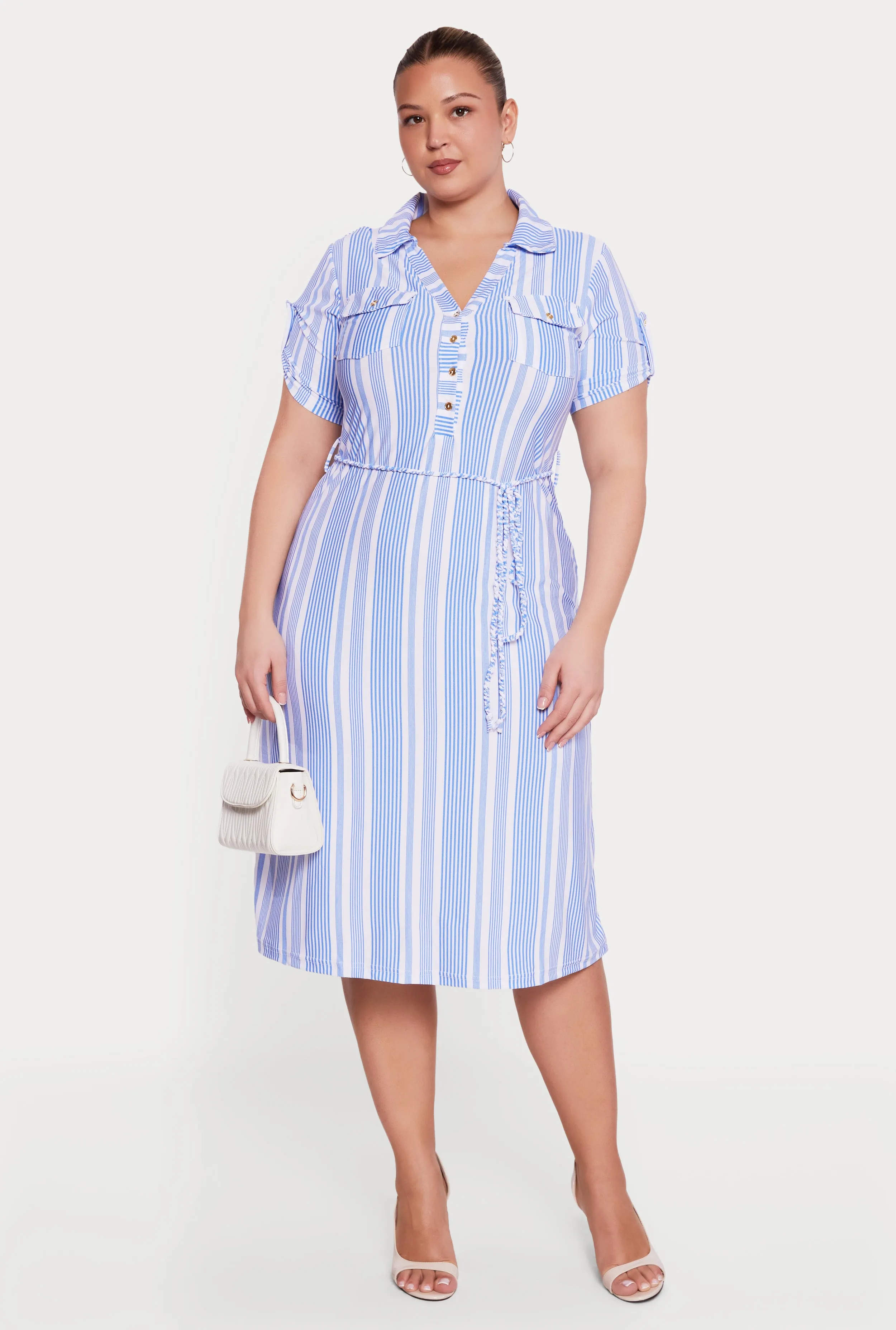 Plus Size Tie Waist Belted Striped Midi Polo Dress sold by Rainbow