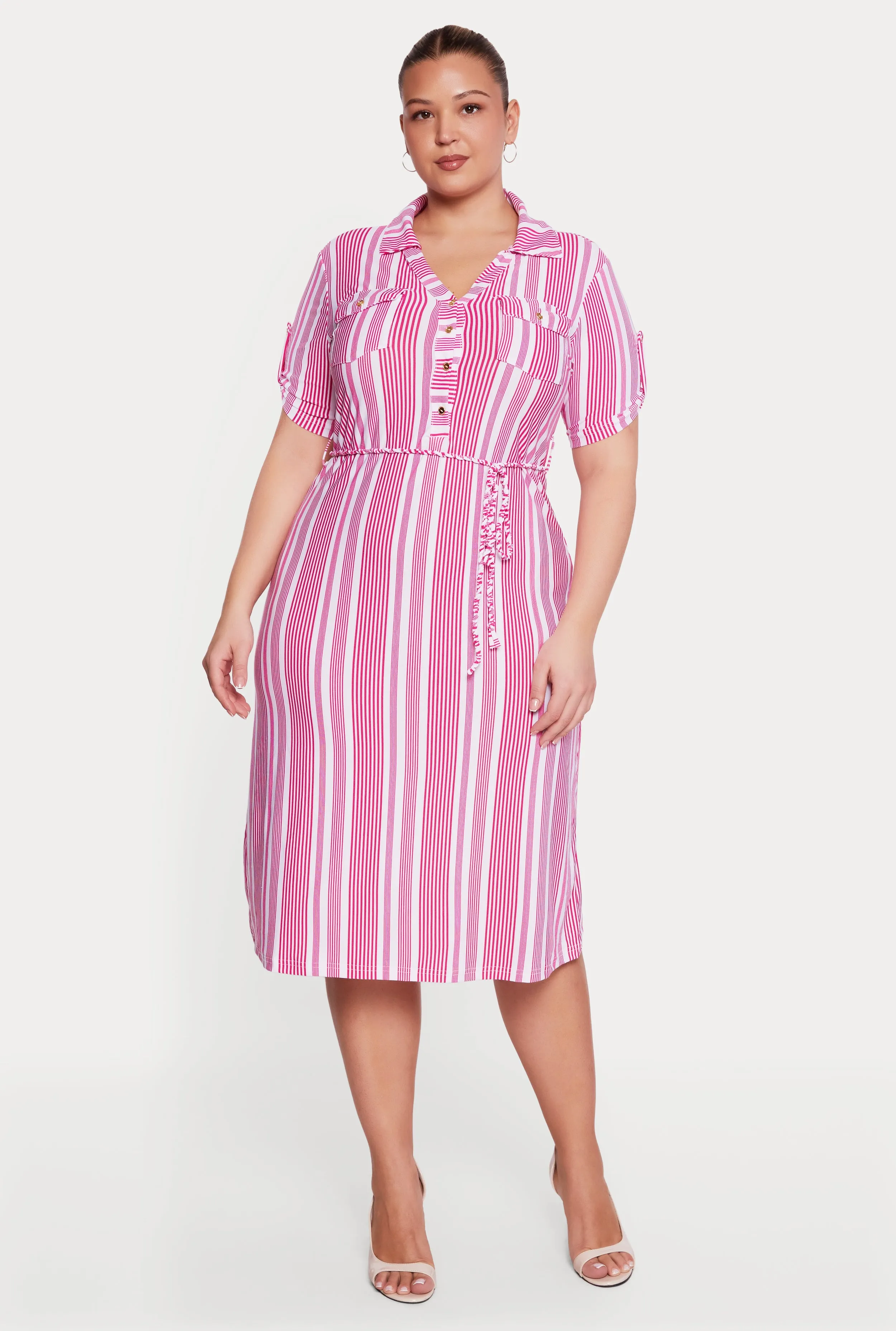 Plus Size Tie Waist Belted Striped Midi Polo Dress sold by Rainbow product image thumbnail 2