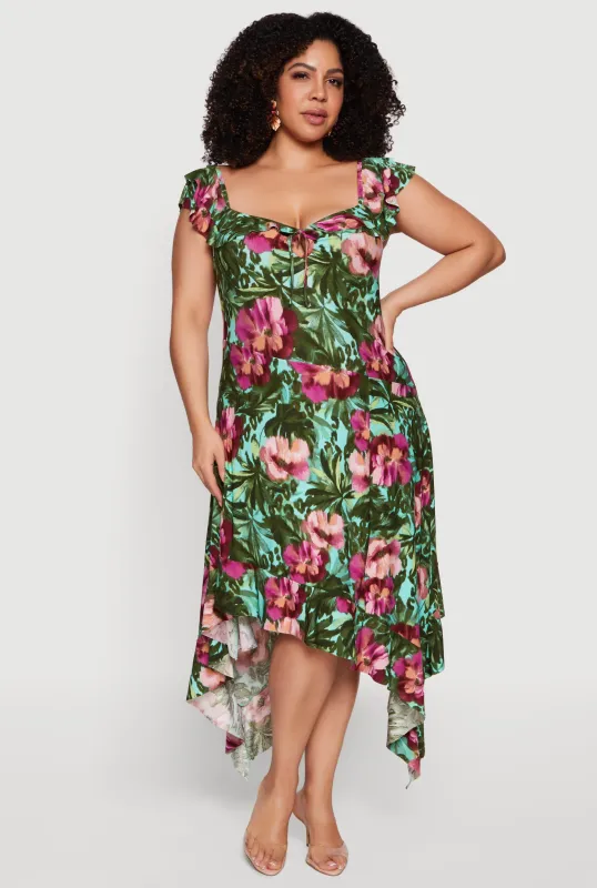 Plus Size Floral Print Sweetheart Neckline Sharkbite Hem Dress sold by Rainbow
