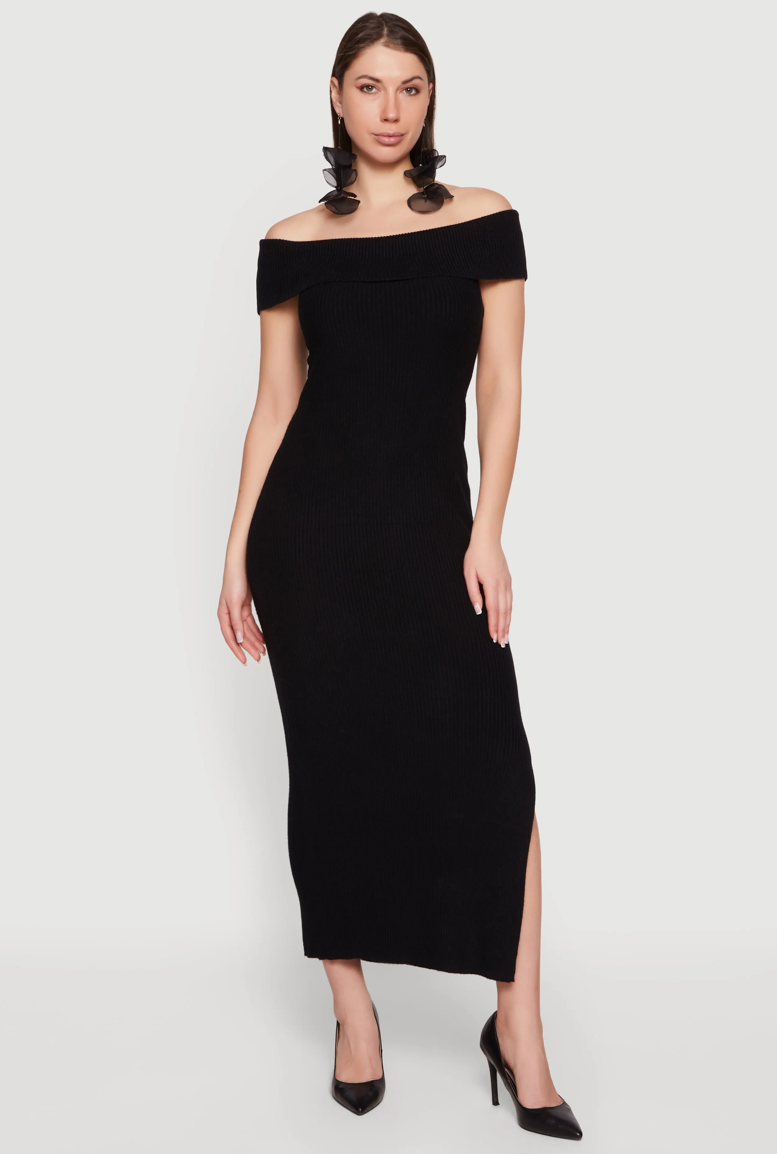 Rib Knit Fold Over Off The Shoulder Side Slit Dress sold by Rainbow