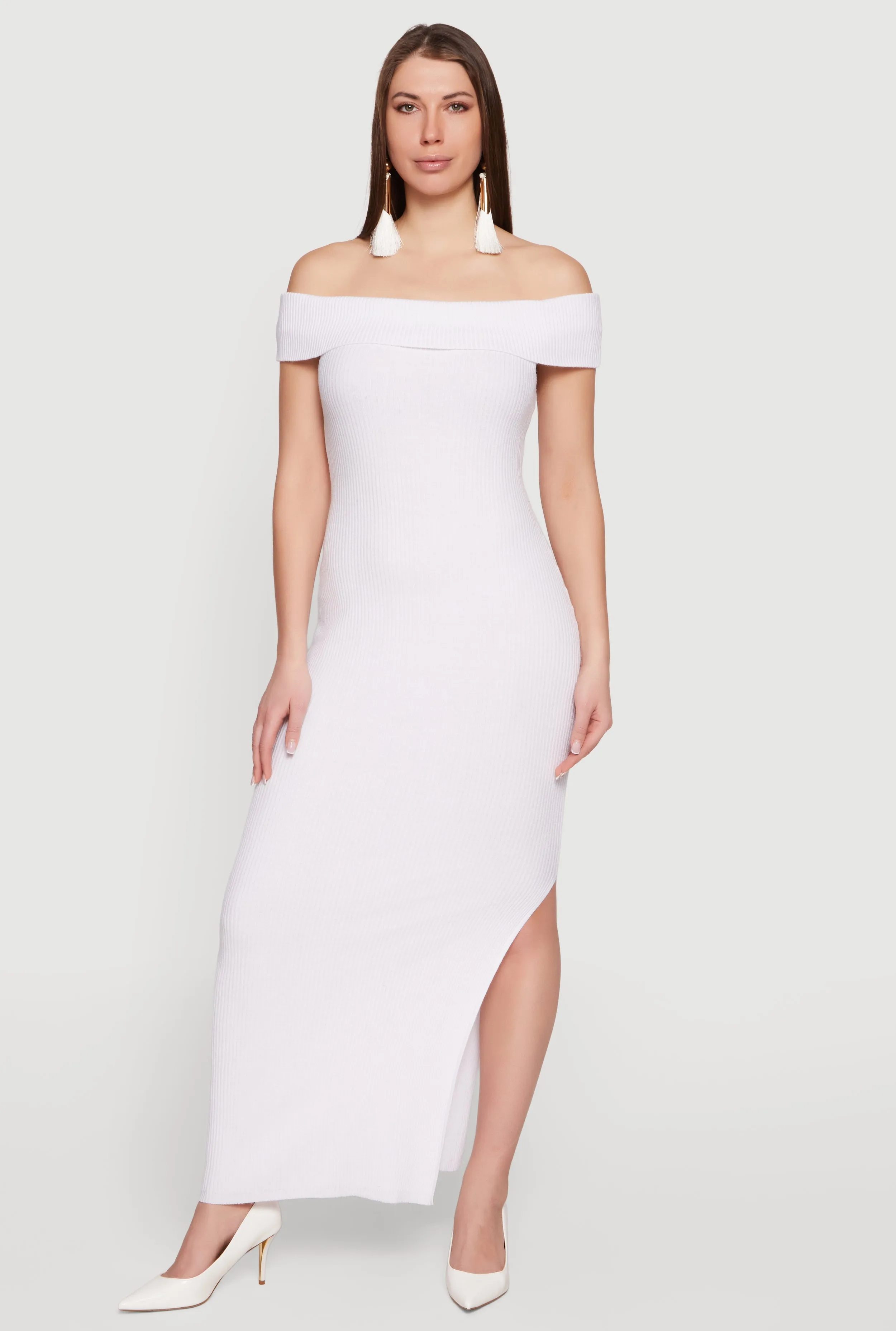 Rib Knit Fold Over Off The Shoulder Side Slit Dress sold by Rainbow product image thumbnail 2