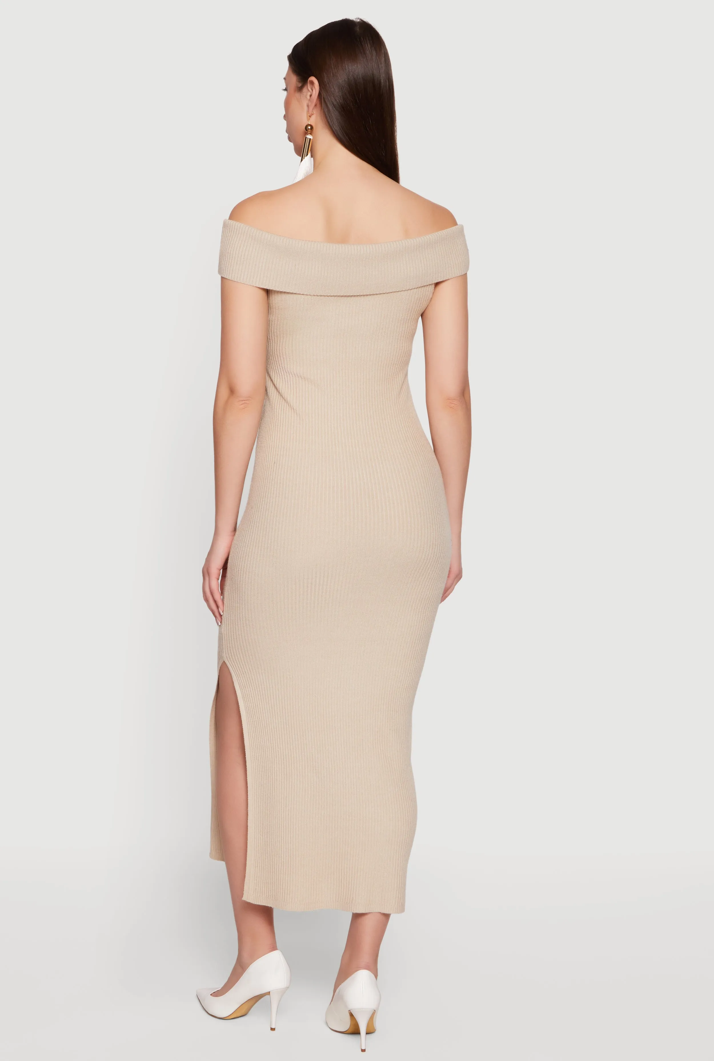 Rib Knit Fold Over Off The Shoulder Side Slit Dress sold by Rainbow product image thumbnail 3