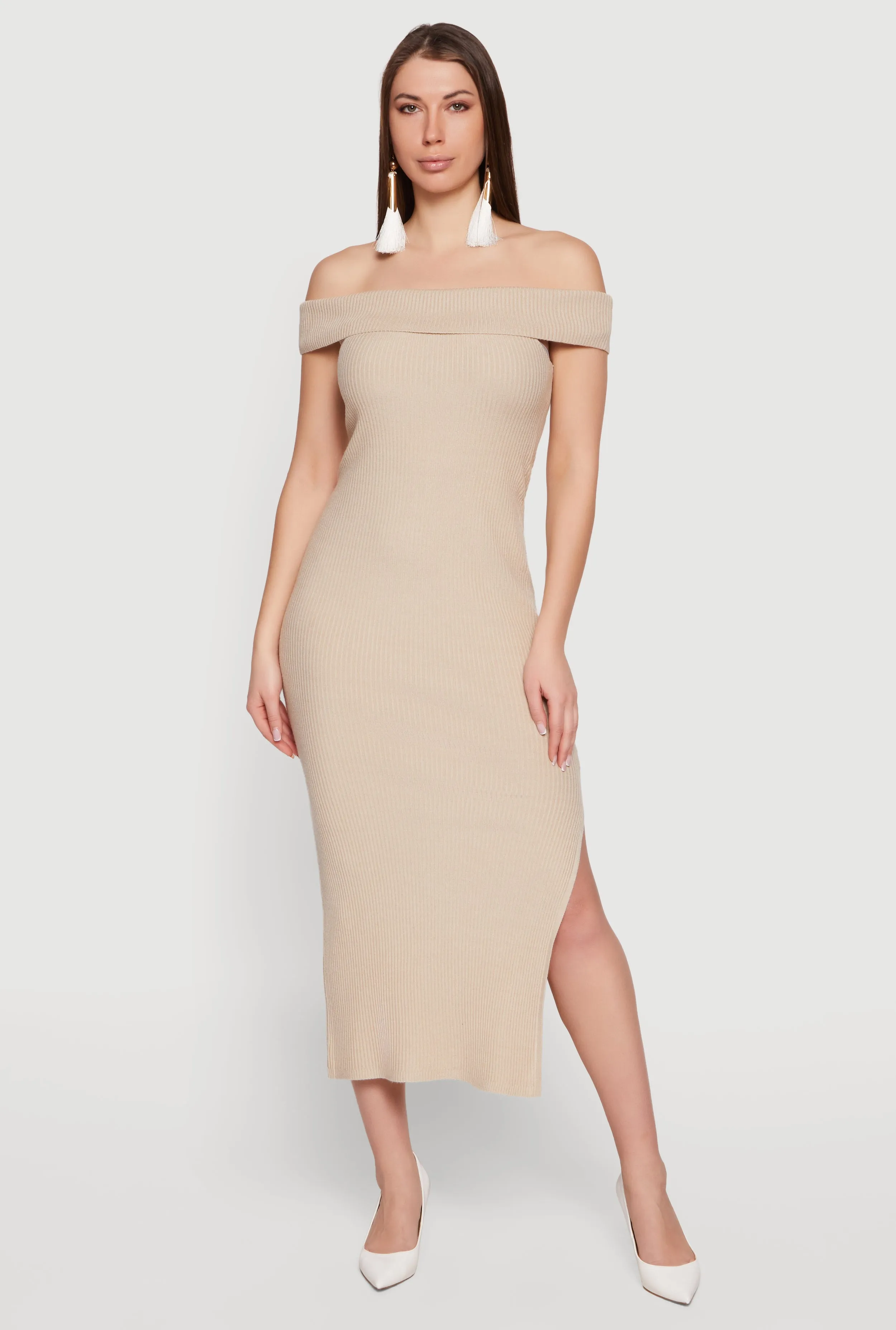 Rib Knit Fold Over Off The Shoulder Side Slit Dress sold by Rainbow