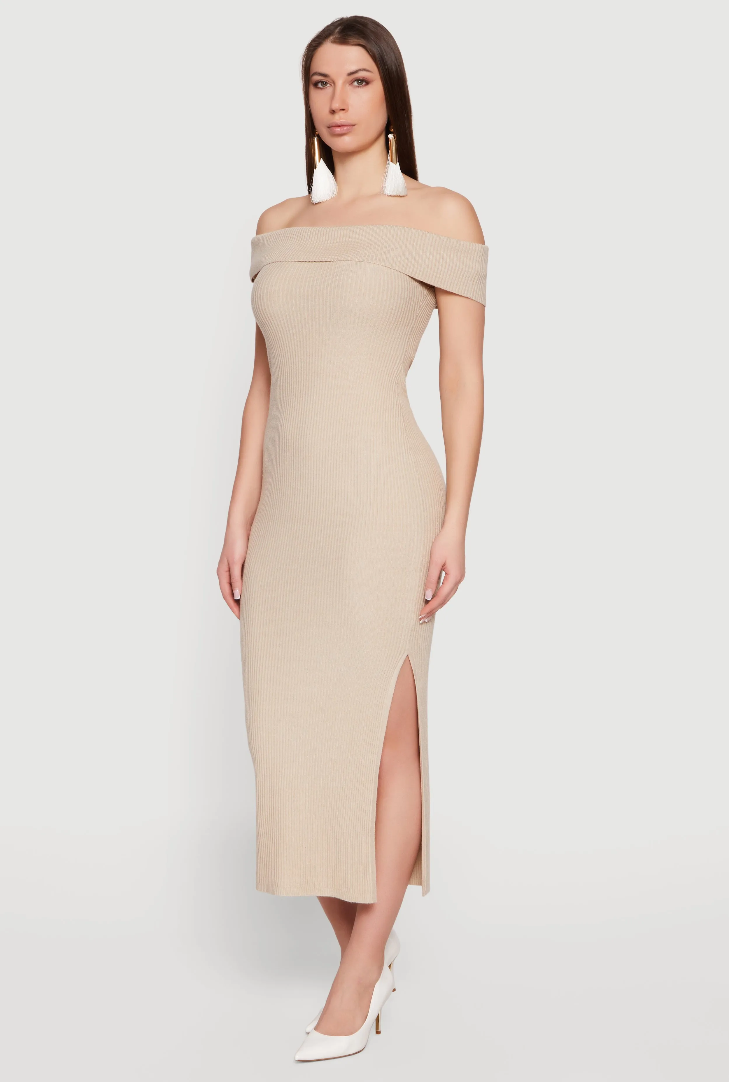 Rib Knit Fold Over Off The Shoulder Side Slit Dress sold by Rainbow product image thumbnail 2