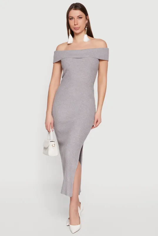 Rib Knit Fold Over Off The Shoulder Side Slit Dress made by Rainbow