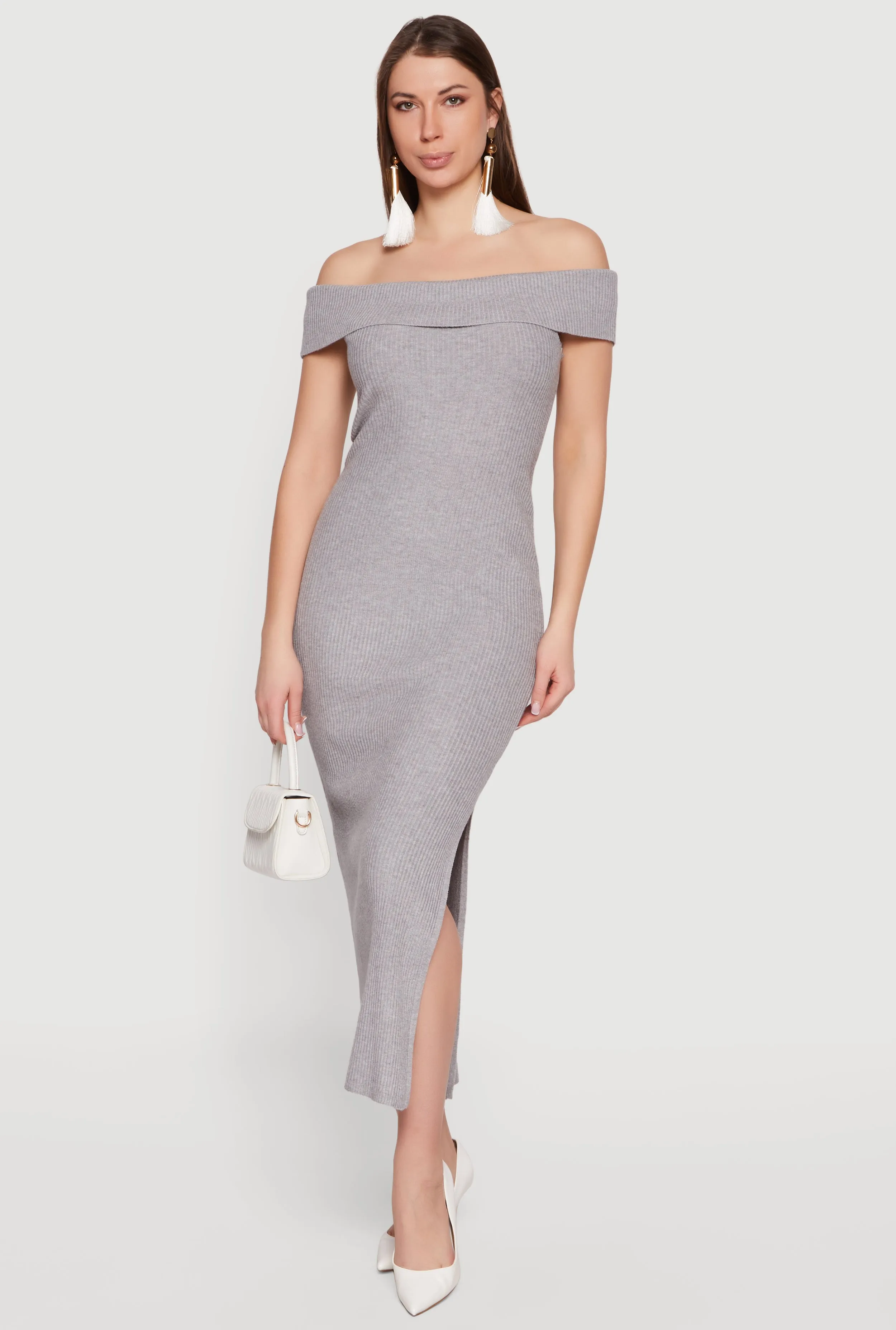 Rib Knit Fold Over Off The Shoulder Side Slit Dress sold by Rainbow