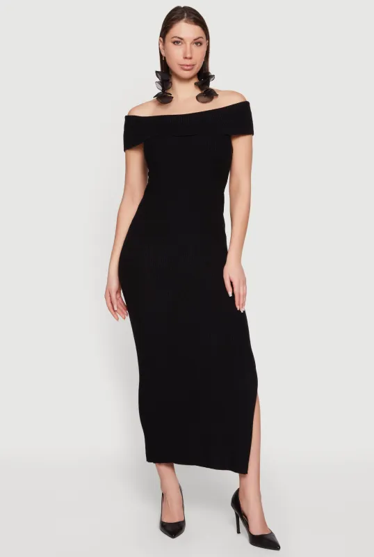 Rib Knit Fold Over Off The Shoulder Side Slit Dress made by Rainbow