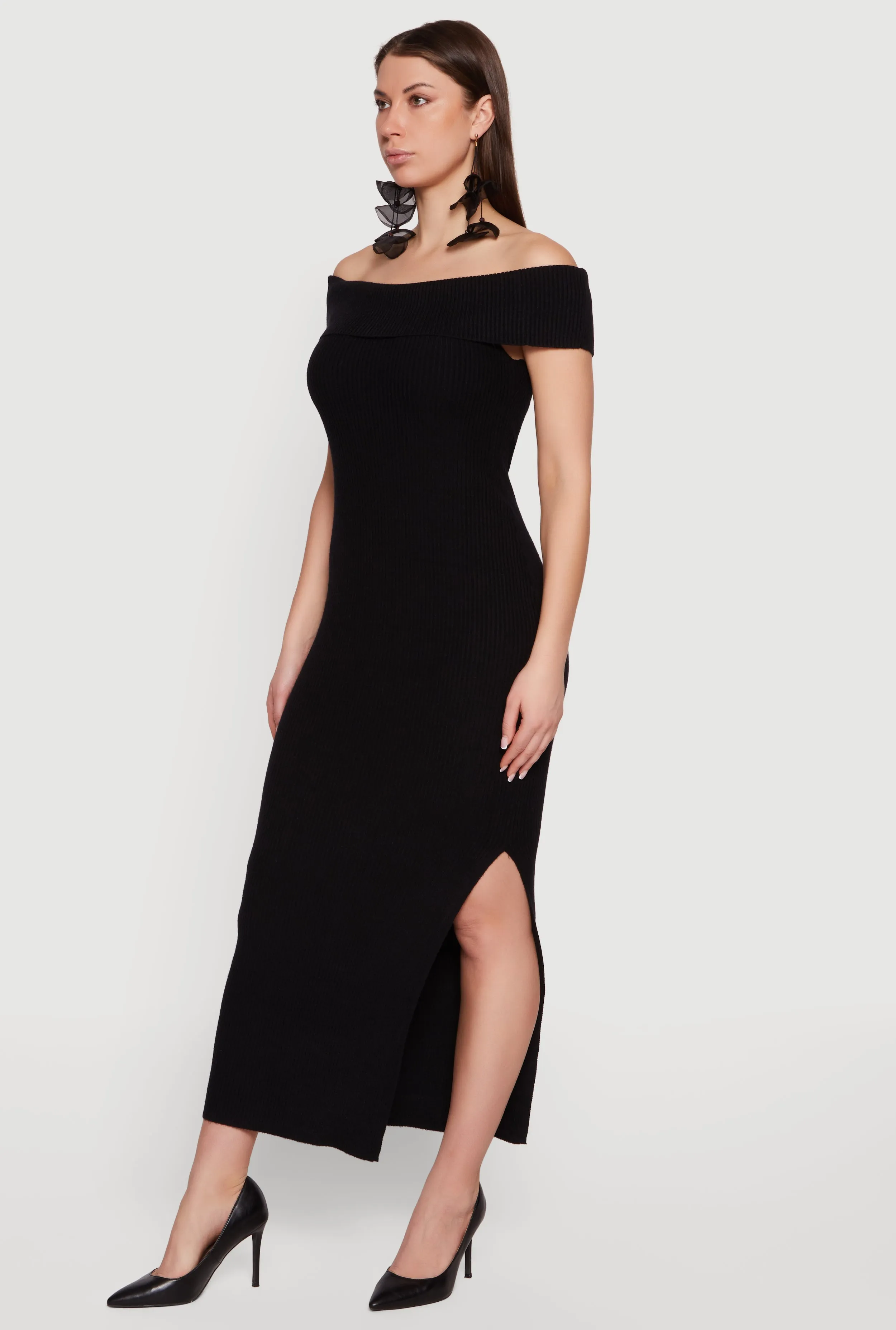 Rib Knit Fold Over Off The Shoulder Side Slit Dress sold by Rainbow product image thumbnail 2