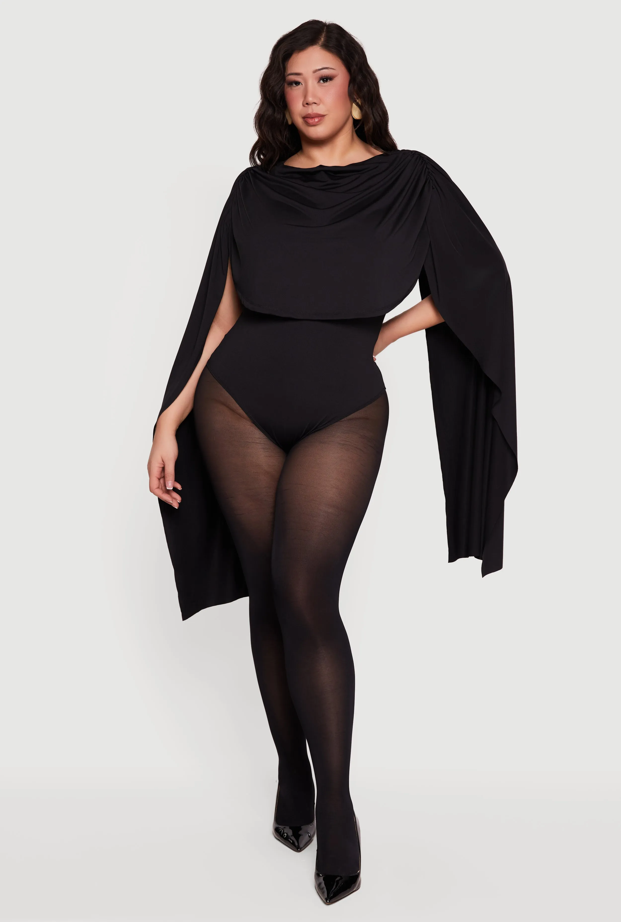 Plus Size Ruched Draped Cape Bodysuit sold by Rainbow