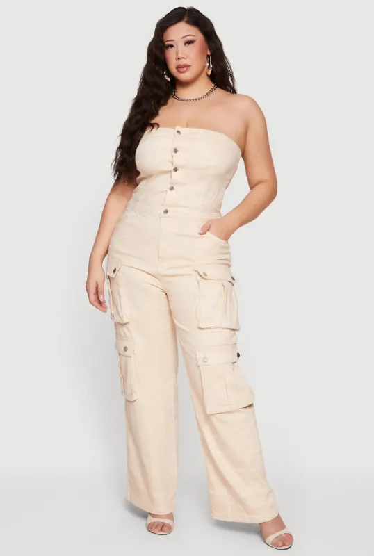 Plus Size Strapless Denim Utility Cargo Jumpsuit made by Daisy