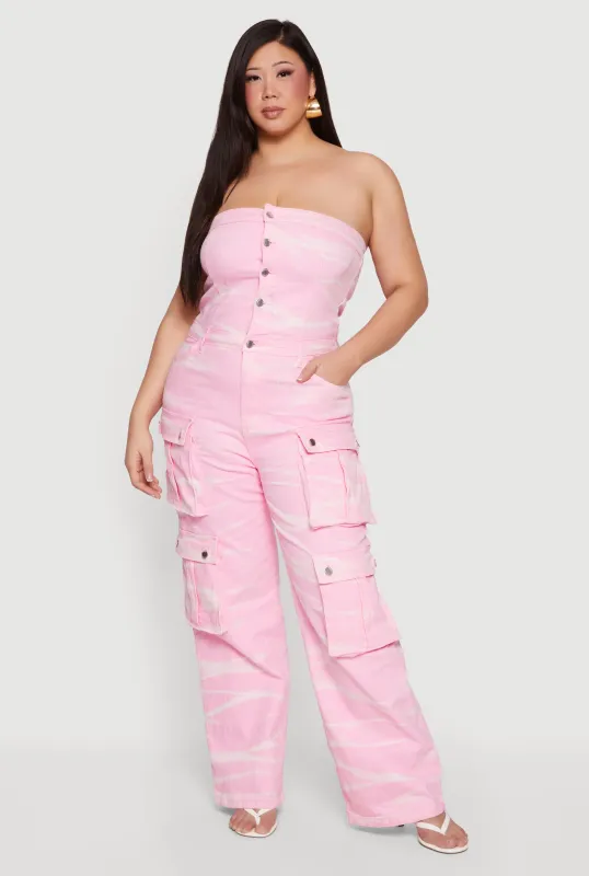 Plus Size Strapless Denim Utility Cargo Jumpsuit sold by Rainbow
