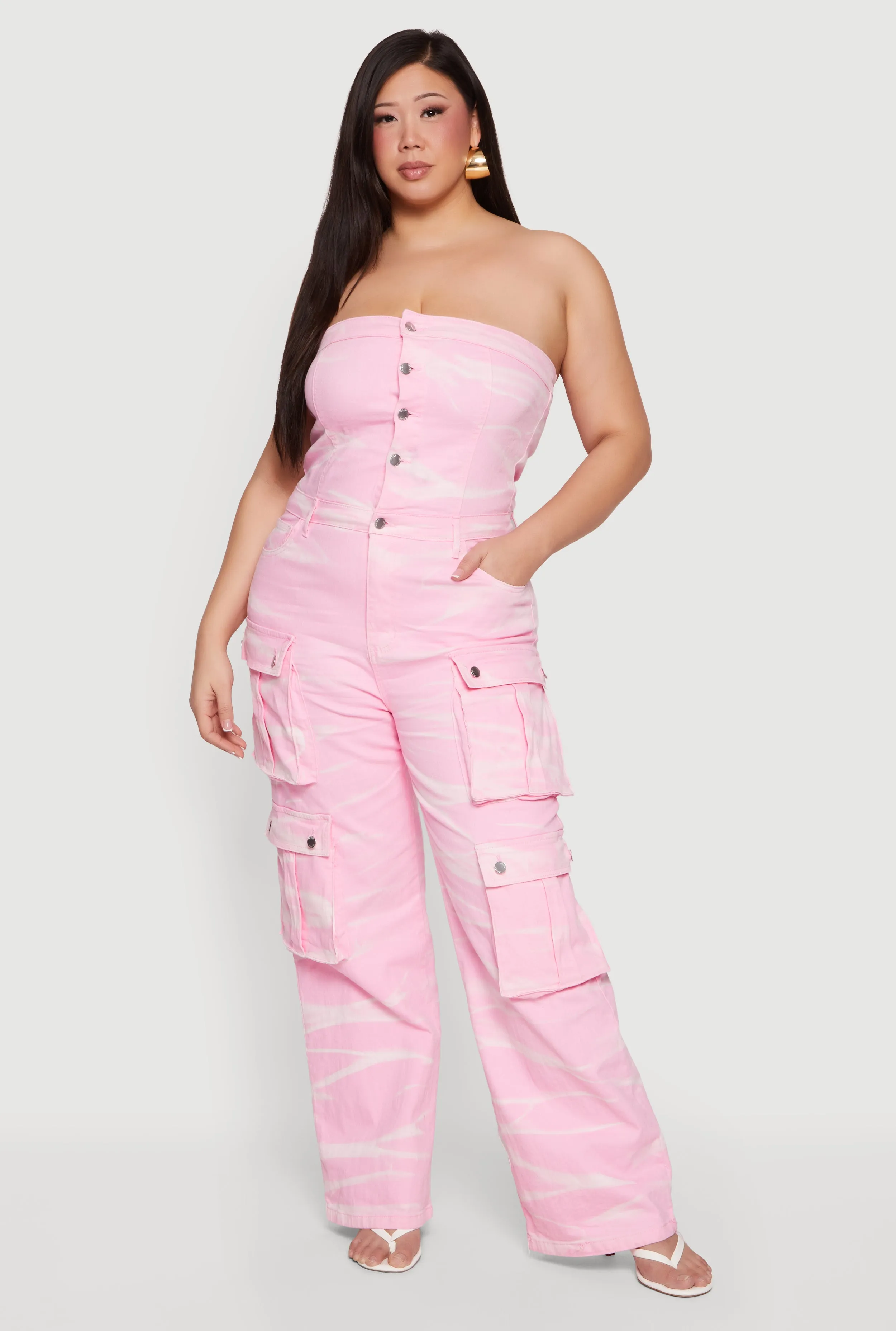 Plus Size Strapless Denim Utility Cargo Jumpsuit sold by Rainbow