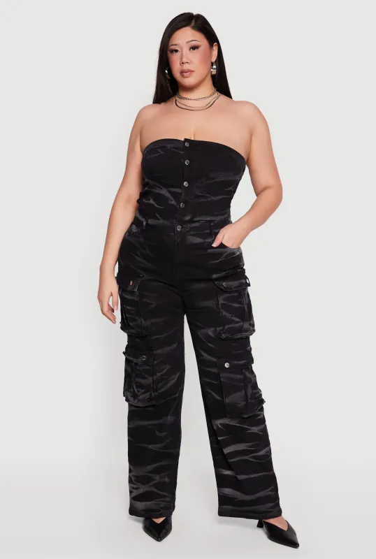 Plus Size Strapless Denim Utility Cargo Jumpsuit made by Daisy