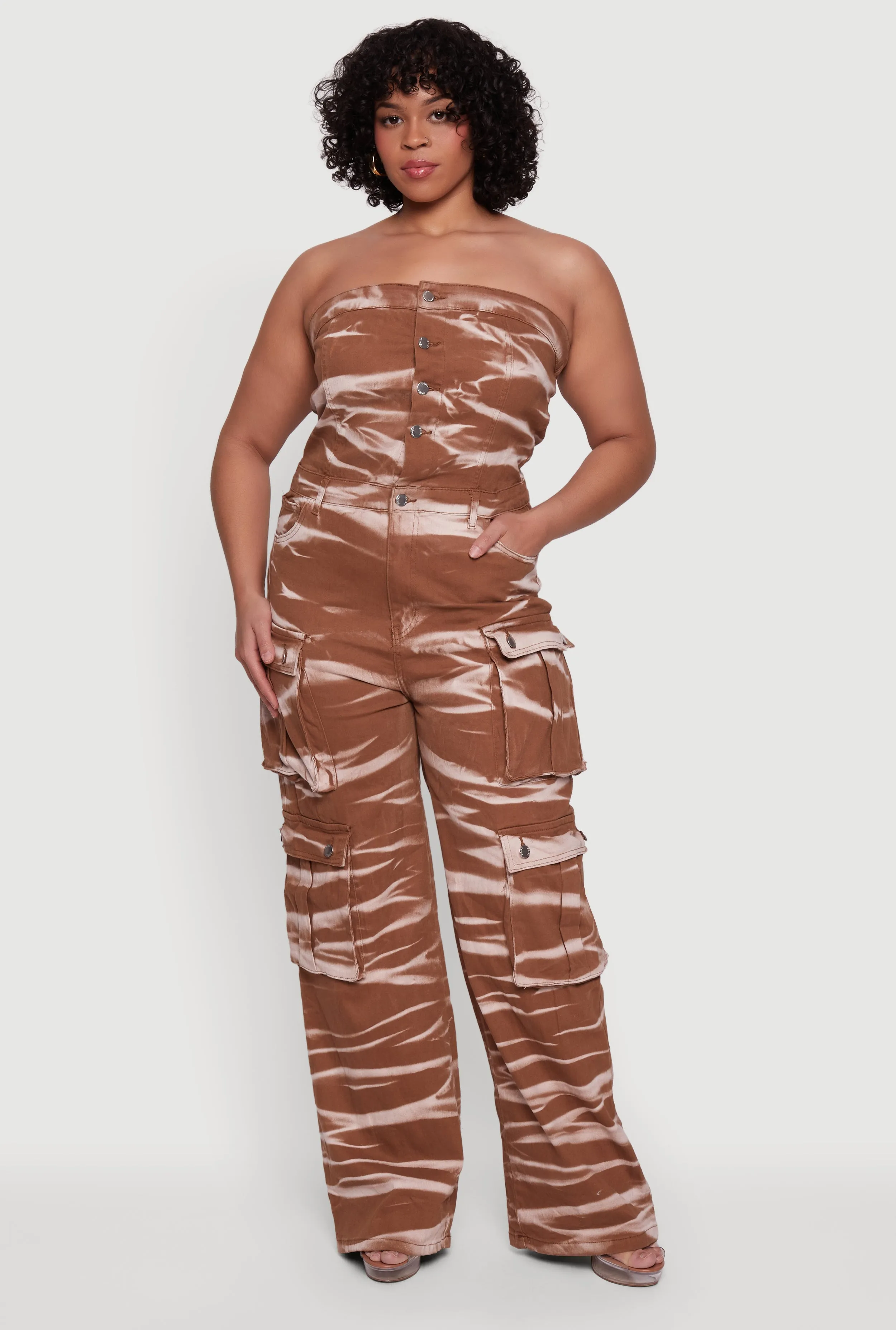 Plus Size Strapless Denim Utility Cargo Jumpsuit sold by Rainbow