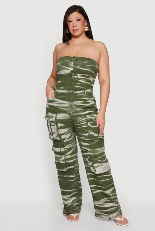 Plus Size Strapless Denim Utility Cargo Jumpsuit made by Daisy