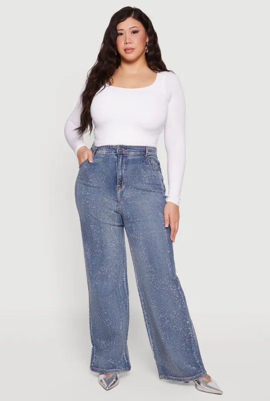 Plus Size Rhinestone Acid Wash Straight Leg Jeans sold by Rainbow