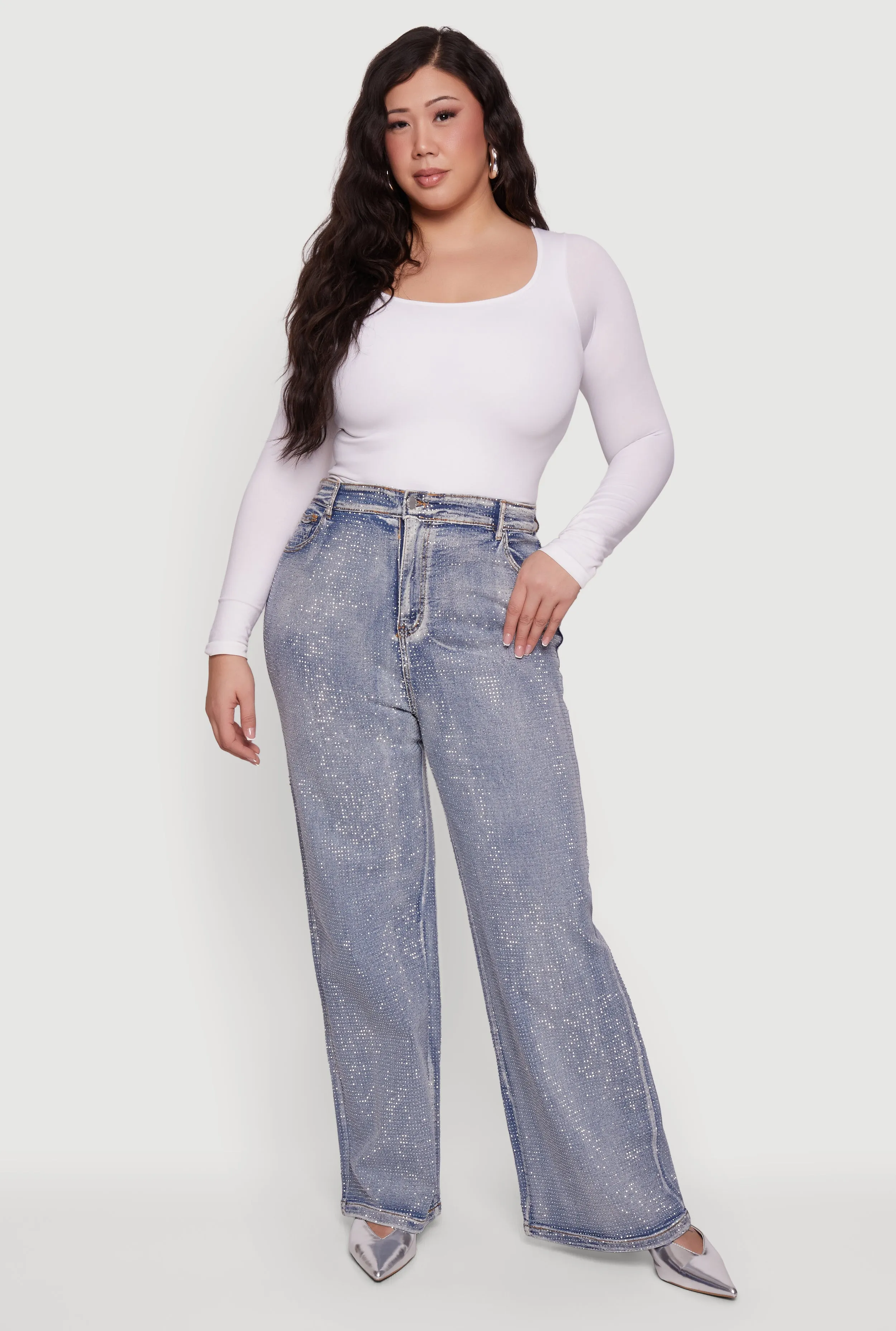Plus Size Rhinestone Acid Wash Straight Leg Jeans sold by Rainbow
