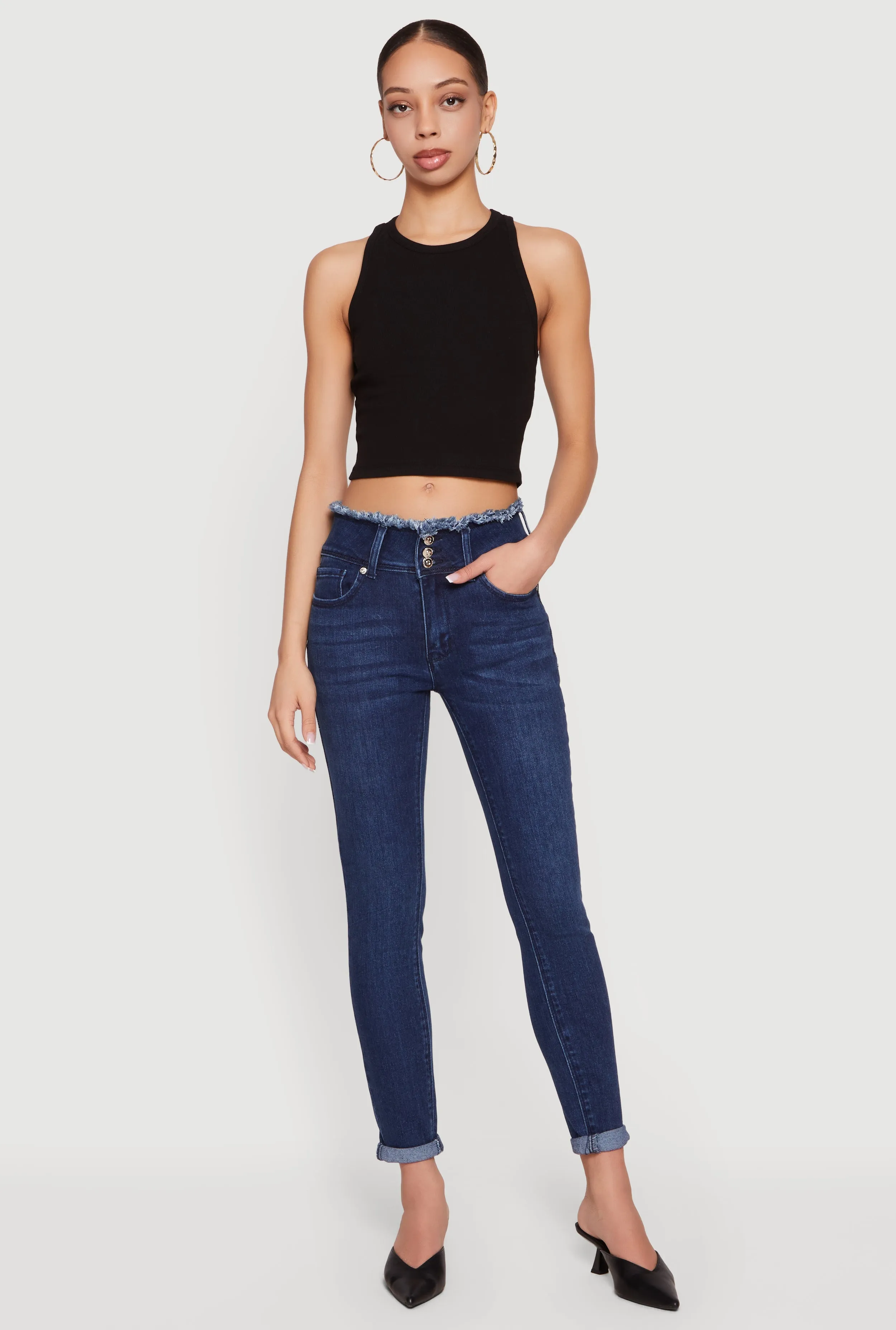 Three Button Frayed Waistband Rolled Cuff Skinny Jeans sold by Rainbow