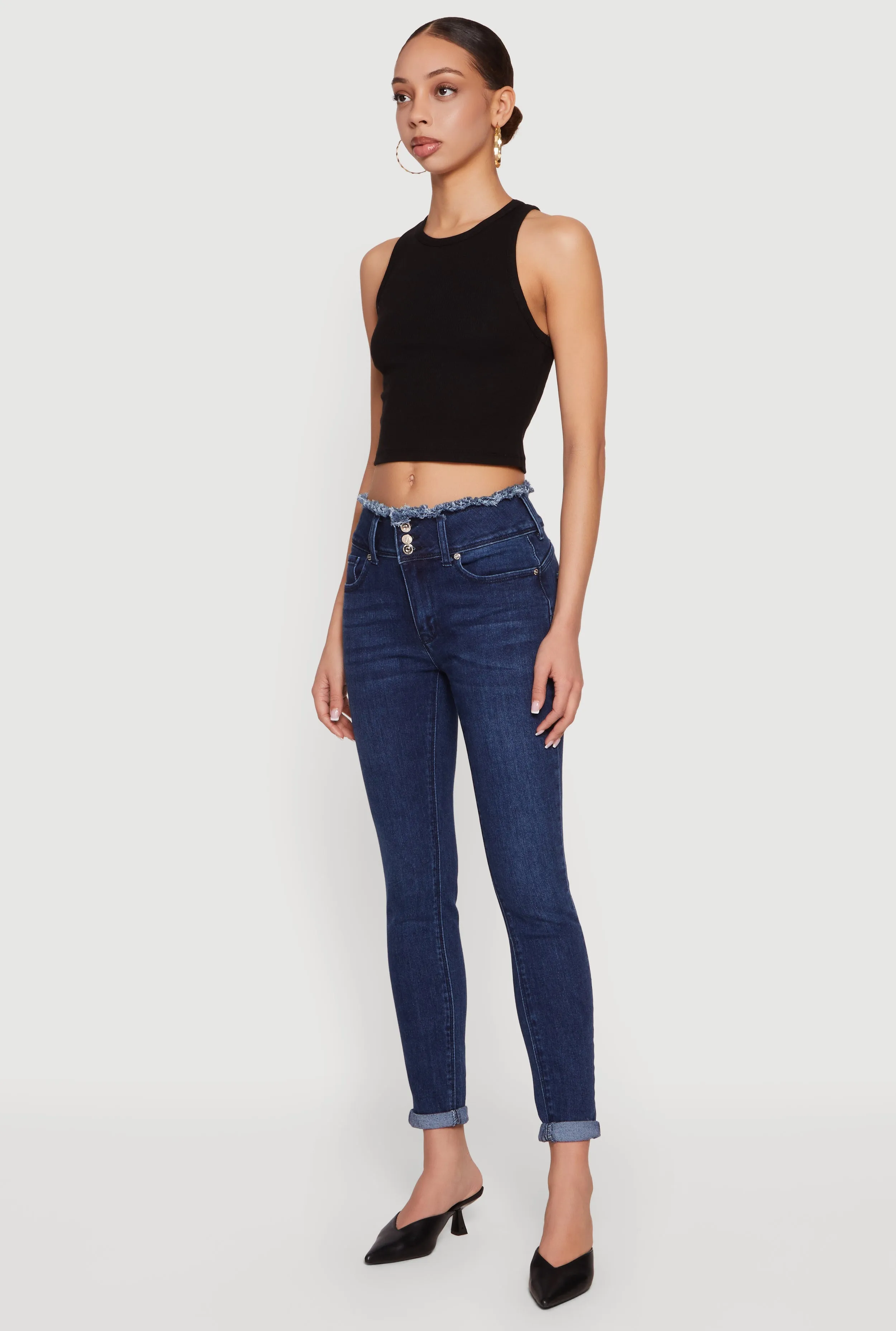 Three Button Frayed Waistband Rolled Cuff Skinny Jeans sold by Rainbow product image thumbnail 2