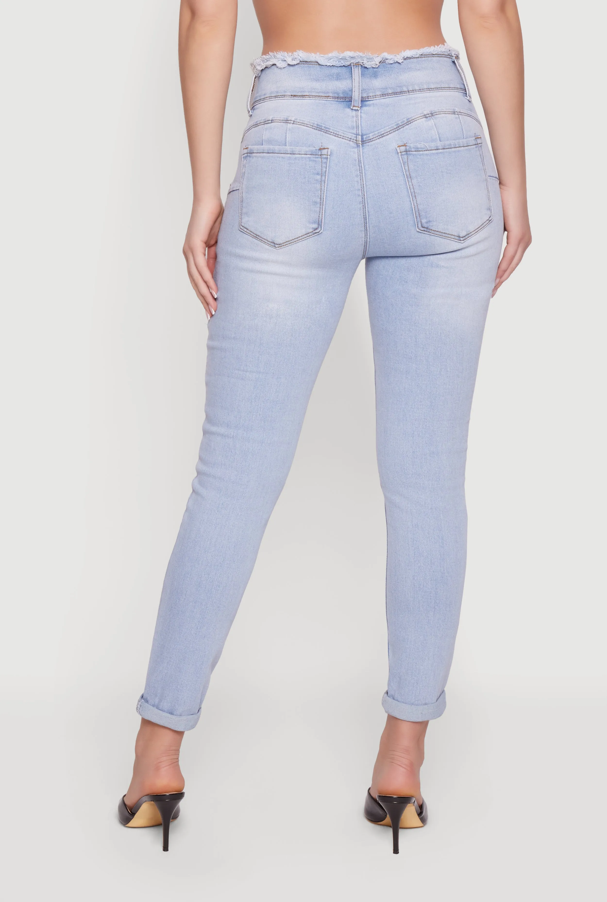 Three Button Frayed Waistband Rolled Cuff Skinny Jeans sold by Rainbow product image thumbnail 5