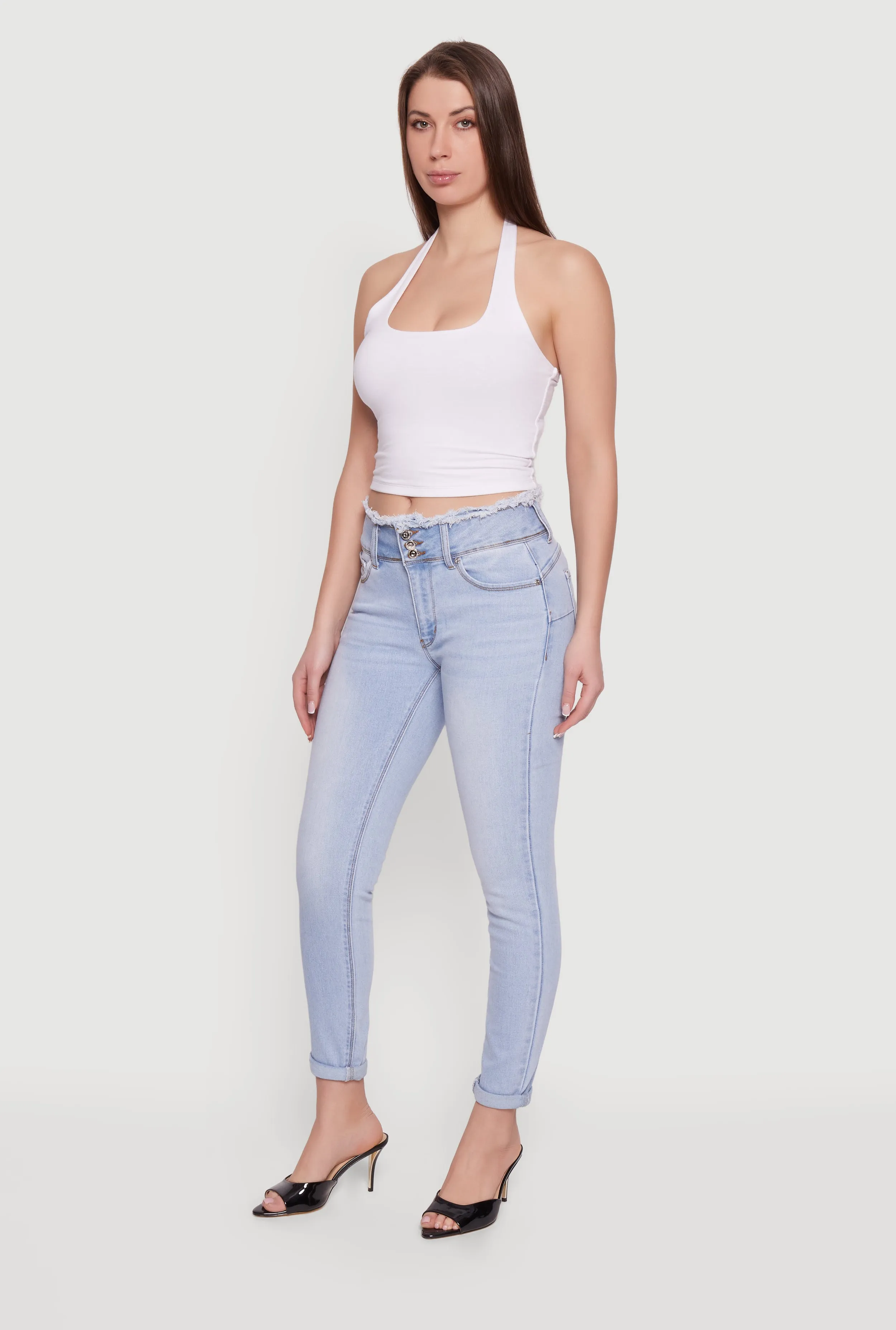 Three Button Frayed Waistband Rolled Cuff Skinny Jeans sold by Rainbow product image thumbnail 2