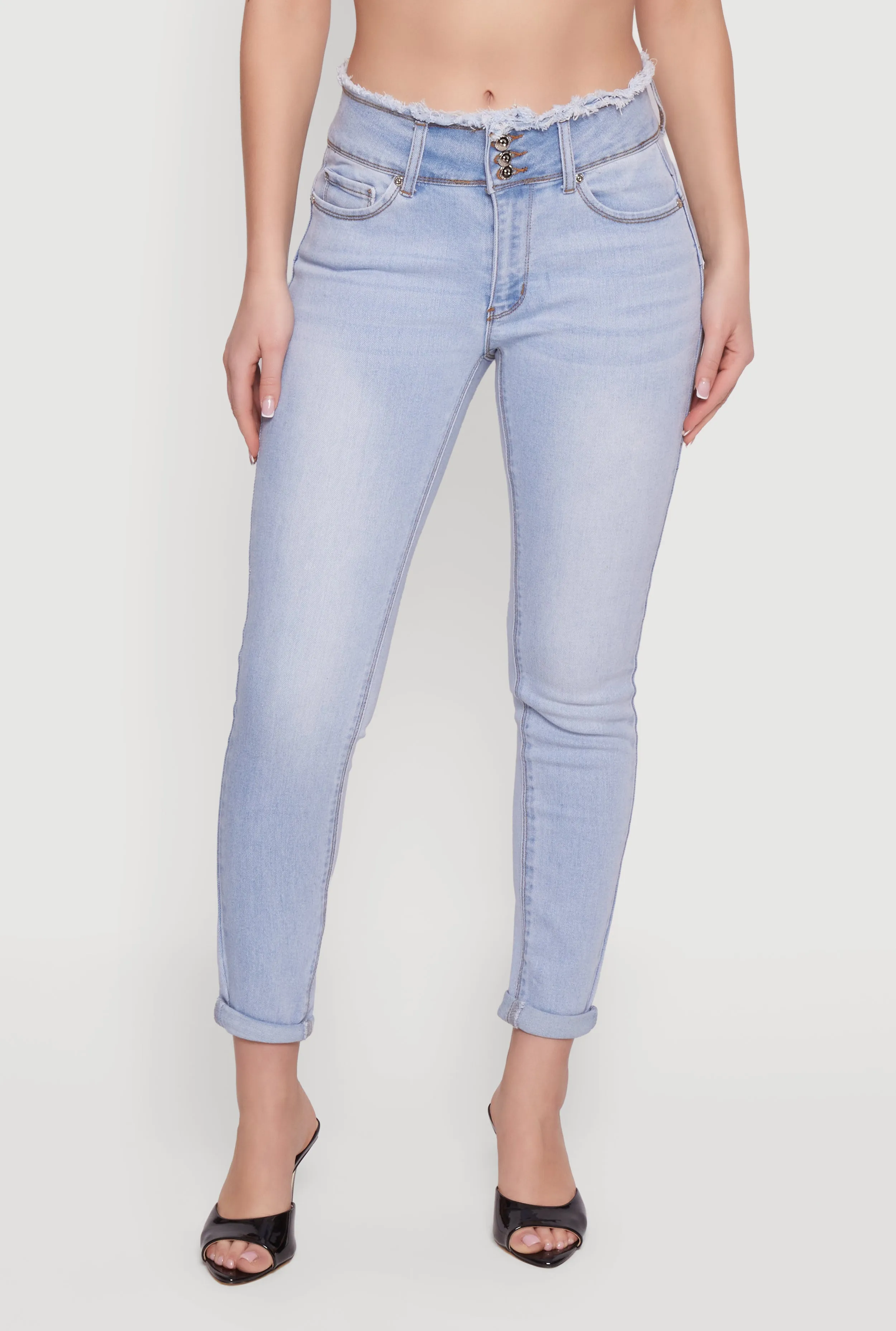Three Button Frayed Waistband Rolled Cuff Skinny Jeans sold by Rainbow product image thumbnail 3