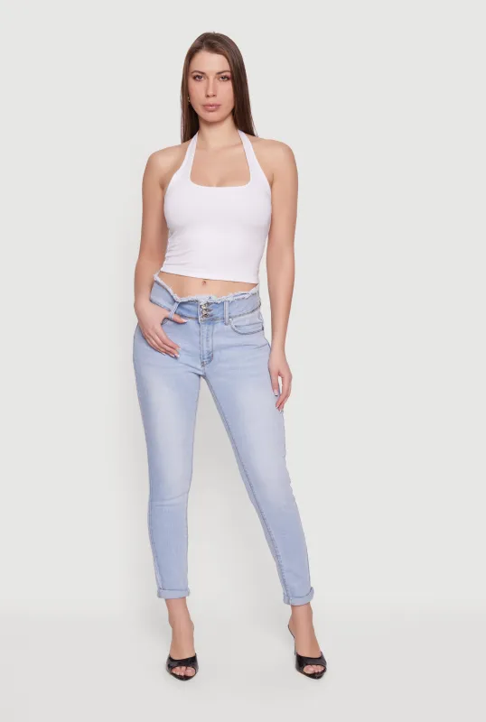 Three Button Frayed Waistband Rolled Cuff Skinny Jeans sold by Rainbow